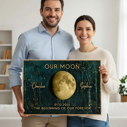 Night In The Forest Couple Custom Moon Phase Anniversary Date - Personalized Poster - Heartfelt Anniversary Gift, Valentine Gift, Wedding Gift For Couple
