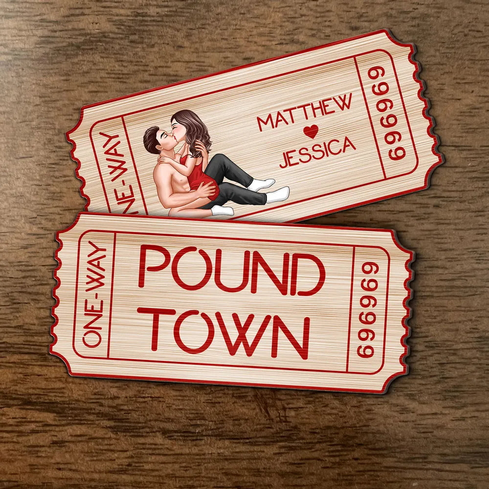 Funny Couple Pound Town Ticket - Personalized Wooden Ornament - Gift For Him, Gift For Her