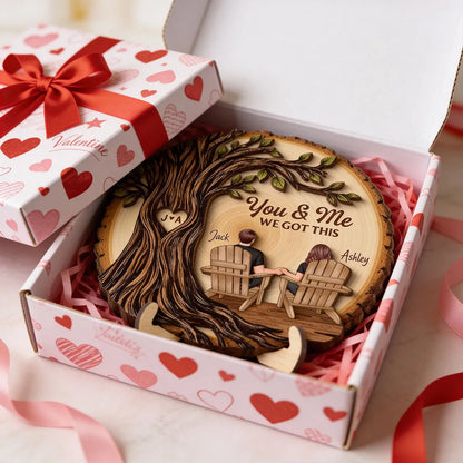 Couple Sitting Under Heart Carved Tree - Personalized 2-Layered Wooden Plaque - Valentine's Day Gift For Couple