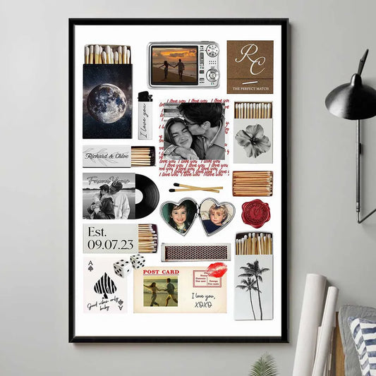 Nostalgia Couple Love Story Matchbook Collage Dopamine Decor - Personalized Poster - Heartfelt Valentine, Anniversary Gift For Him, For Her