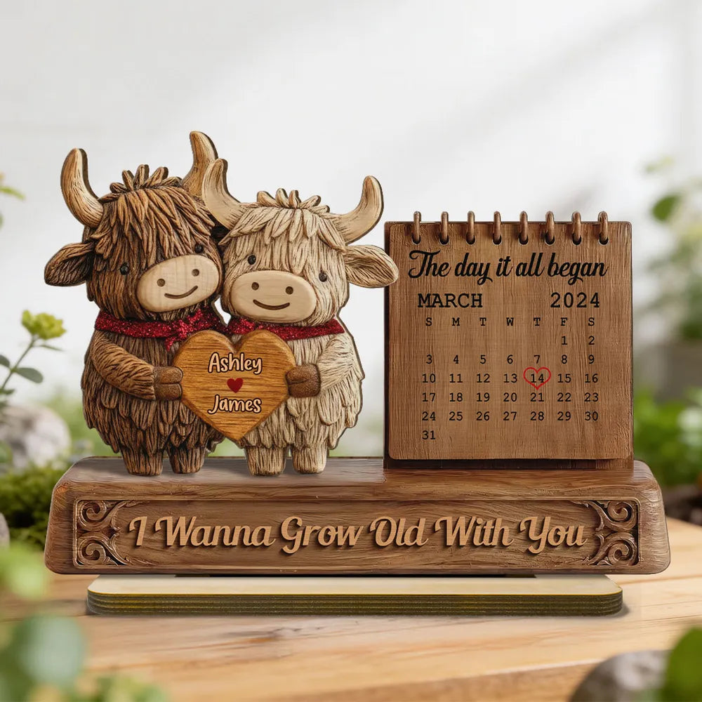 3D Effect Couple Animals Gnome Anniversary Date Calendar - Personalized 2-Layered Wooden Plaque