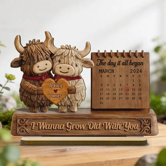 3D Effect Couple Animals Gnome Anniversary Date Calendar - Personalized 2-Layered Wooden Plaque