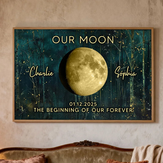 Night In The Forest Couple Custom Moon Phase Anniversary Date - Personalized Poster - Heartfelt Anniversary Gift, Valentine Gift, Wedding Gift For Couple