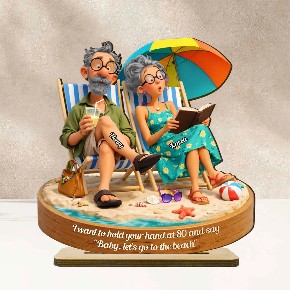 Quirky Elderly Couple On The Beach - Personalized 2-Layered Wooden Plaque - Heartfelt Anniversary, Valentine's Day Gift, Gift For Him, Gift For Her
