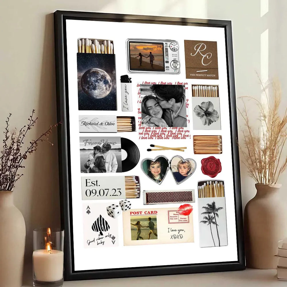 Nostalgia Couple Love Story Matchbook Collage Dopamine Decor - Personalized Poster - Heartfelt Valentine, Anniversary Gift For Him, For Her