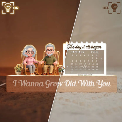 Old Couple Sitting On Rocking Chair Anniversary Date Calendar - Personalized Acrylic Block LED Night Light