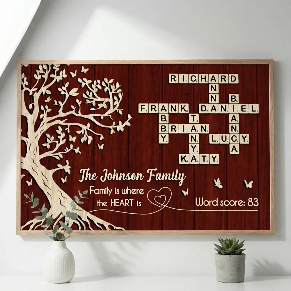 Family is Where the Heart is, Crossword Tree of Life - Personalized Poster - Sentimental Gift for Loved Ones