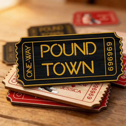 Funny Couple Pound Town Ticket - Personalized Wooden Ornament - Gift For Him, Gift For Her