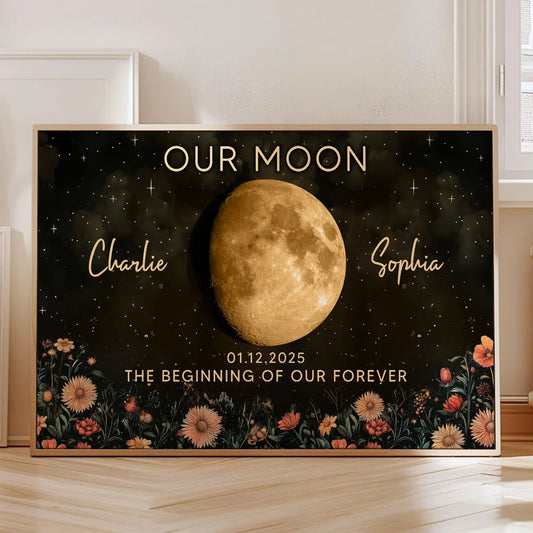 Night Sky Love Story Couple Custom Moon Phase Anniversary Date - Personalized Poster - Heartfelt Anniversary Gift, Valentine Gift, Wedding Gift For Couple