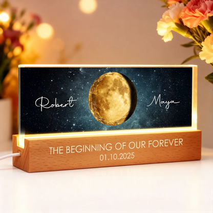 The Beginning of Our Forever Couple Moon Phase - Personalized Acrylic Block LED Night Light - Anniversary, Valentine's Day Gift for her, for him