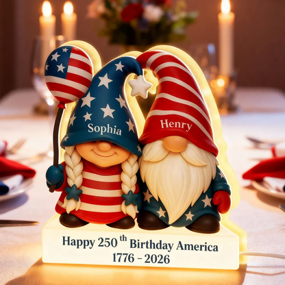 250th Anniversary American Gnome Couple - Personalized Light Box - Perfect Valentine Gift for Couple, for Her, for Him