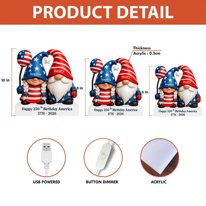 250th Anniversary American Gnome Couple - Personalized Light Box - Perfect Valentine Gift for Couple, for Her, for Him