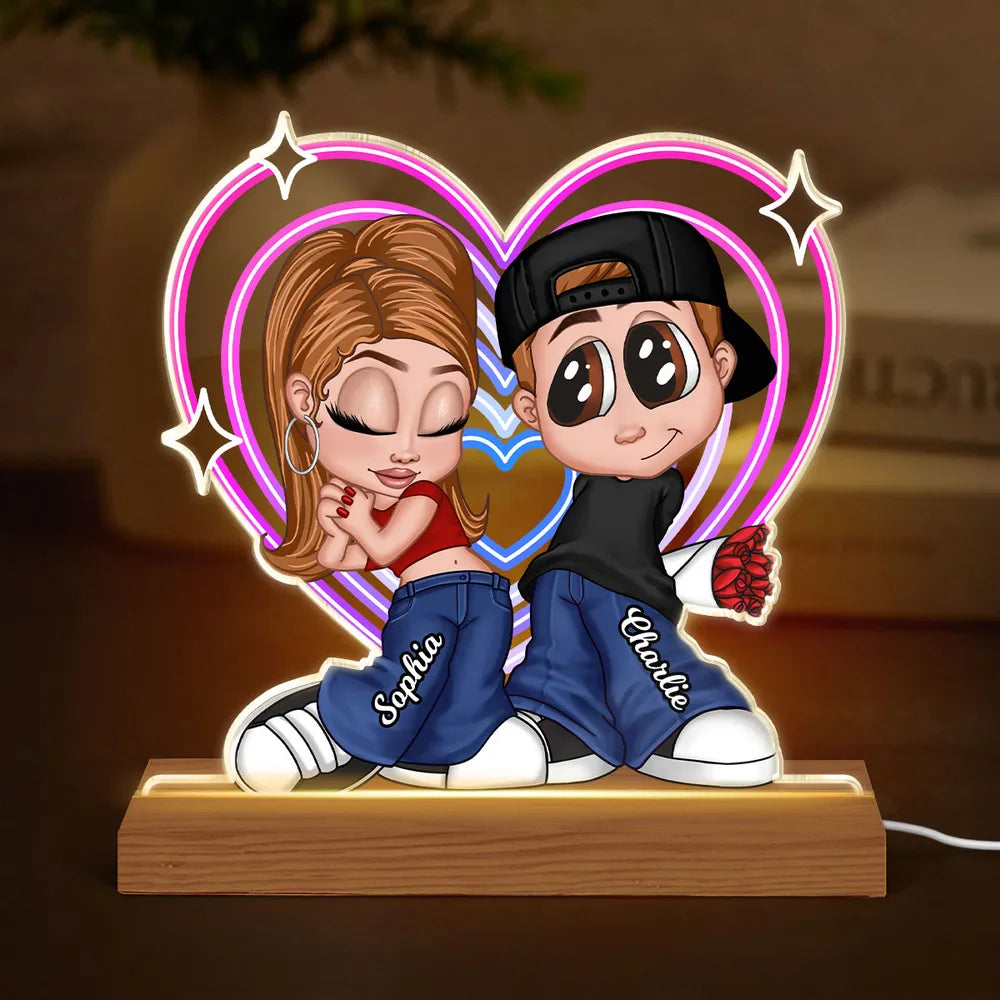 Y2K Couple Retro Heart Personalized Acrylic LED Night Light, Anniversary Gift, Gift for Him for Her