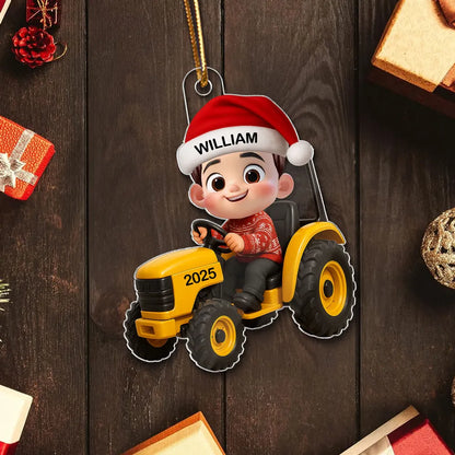 3D Effect Little Boy Kid With Construction Vehicle Excavator Christmas Personalized Acrylic Ornament