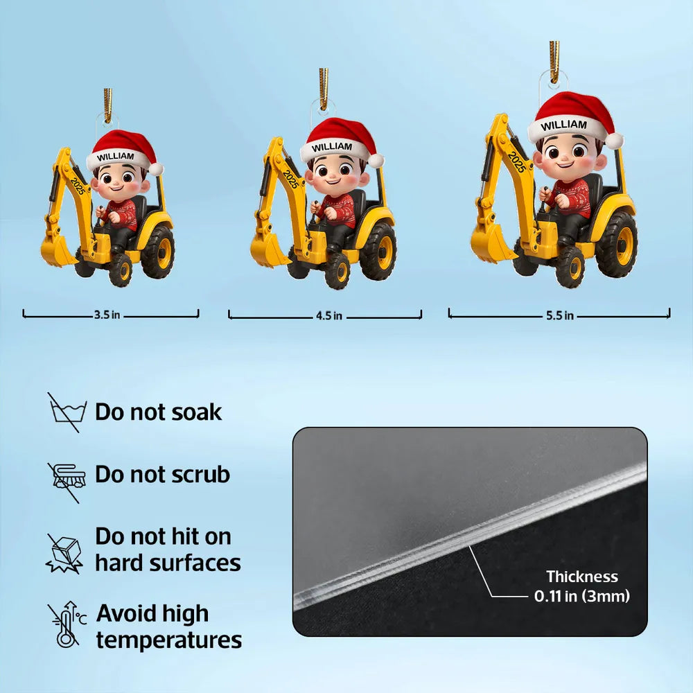 3D Effect Little Boy Kid With Construction Vehicle Excavator Christmas Personalized Acrylic Ornament