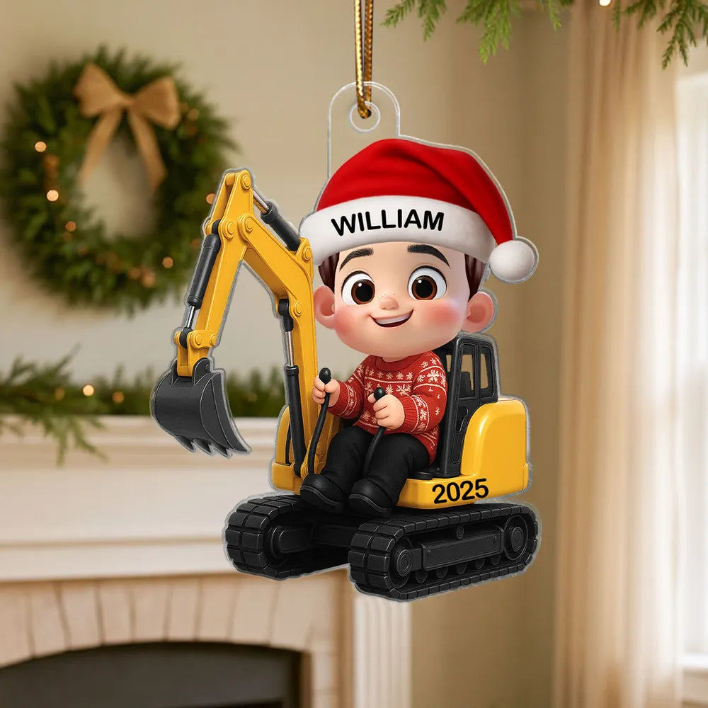 3D Effect Little Boy Kid With Construction Vehicle Excavator Christmas Personalized Acrylic Ornament