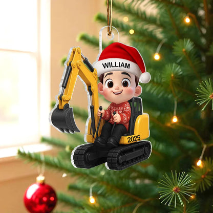 3D Effect Little Boy Kid With Construction Vehicle Excavator Christmas Personalized Acrylic Ornament