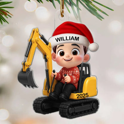 3D Effect Little Boy Kid With Construction Vehicle Excavator Christmas Personalized Acrylic Ornament