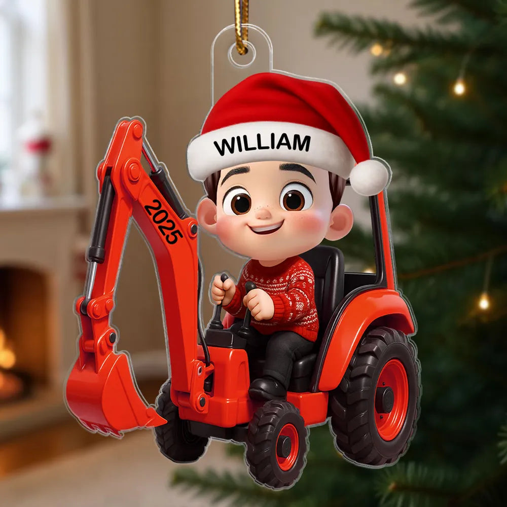 3D Effect Little Boy Kid With Construction Vehicle Excavator Christmas Personalized Acrylic Ornament