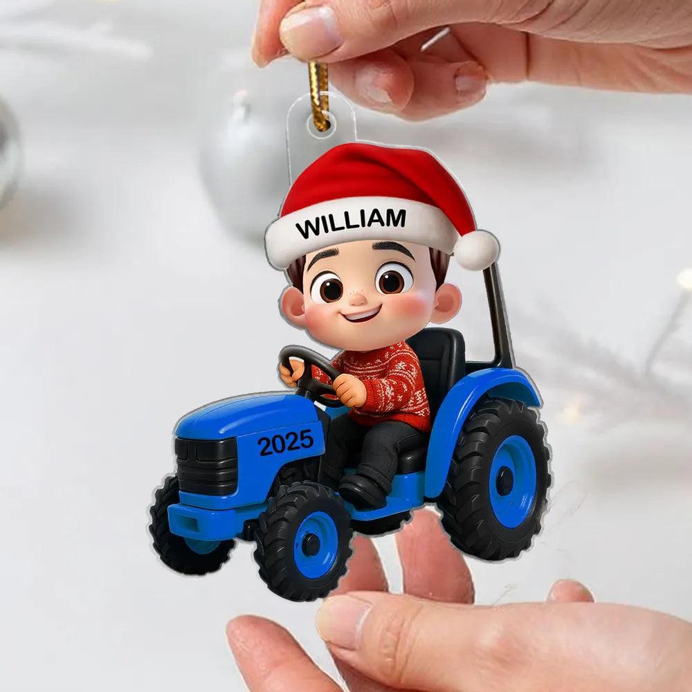 3D Effect Little Boy Kid With Construction Vehicle Excavator Christmas Personalized Acrylic Ornament