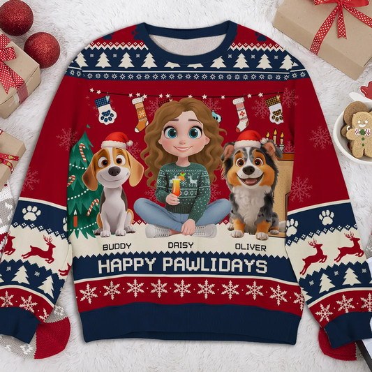 Snowy Pawlidays Cartoon - Personalized Custom All-Over-Print Sweatshirt