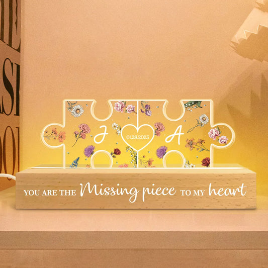 Couple Initials Puzzle Pieces Floral Theme Gift Personalized Acrylic Block LED Night Light