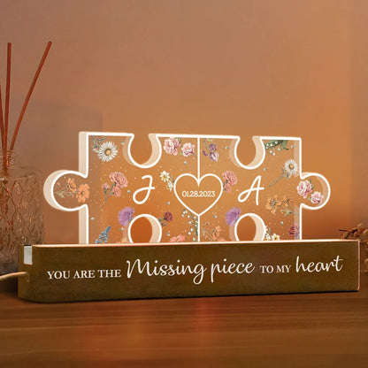 Couple Initials Puzzle Pieces Floral Theme Gift Personalized Acrylic Block LED Night Light