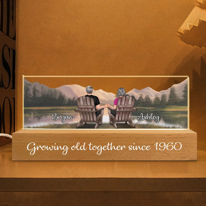 Retro Vintage Back View Couple Sitting Mountain Landscape Personalized Acrylic Block LED Night Light - Heartfelt Gift For Couple