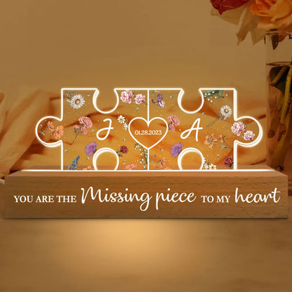 Couple Initials Puzzle Pieces Floral Theme Gift Personalized Acrylic Block LED Night Light