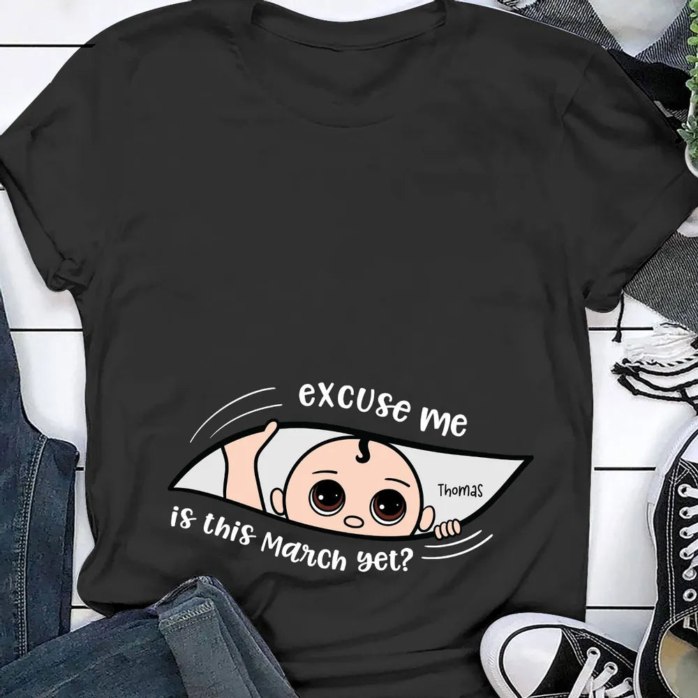 Personalized Maternity Dark Shirt, Excuse Me Is It Yet, Pregnancy Announcement, Expecting Parents - Tshirt