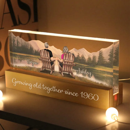 Retro Vintage Back View Couple Sitting Mountain Landscape Personalized Acrylic Block LED Night Light - Heartfelt Gift For Couple