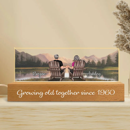 Retro Vintage Back View Couple Sitting Mountain Landscape Personalized Acrylic Block LED Night Light - Heartfelt Gift For Couple