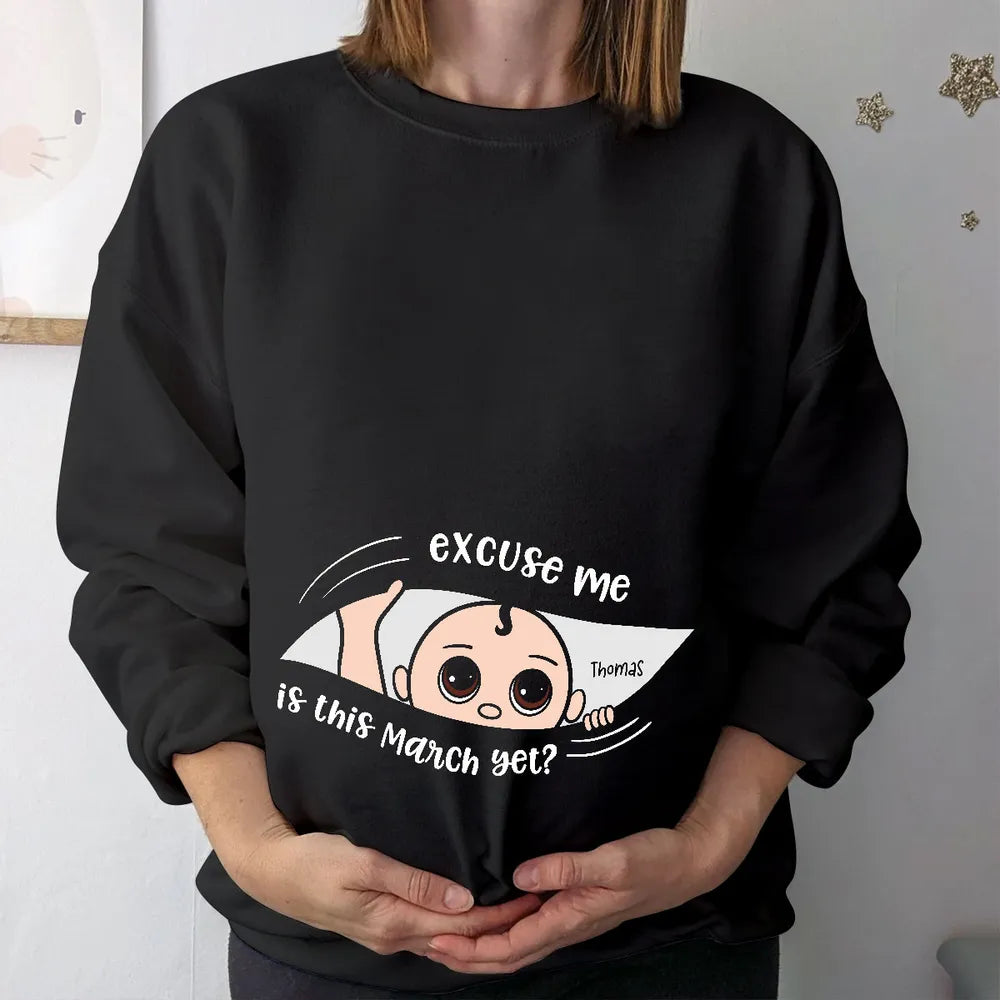 Personalized Maternity Dark Shirt, Excuse Me Is It Yet, Pregnancy Announcement, Expecting Parents - Sweatshirt