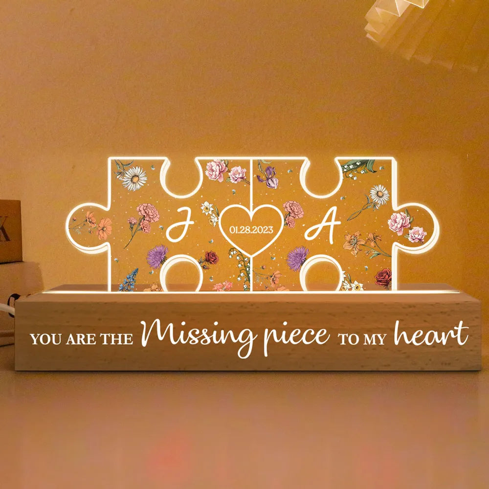 Couple Initials Puzzle Pieces Floral Theme Gift Personalized Acrylic Block LED Night Light