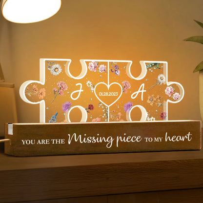 Couple Initials Puzzle Pieces Floral Theme Gift Personalized Acrylic Block LED Night Light