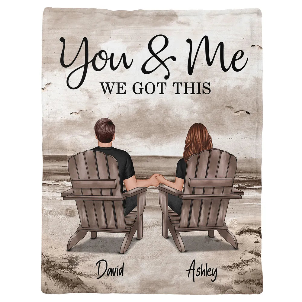 Retro Vintage Back View Couple Sitting Beach Landscape Personalized Fleece Blanket - Romantic Gift For Couples