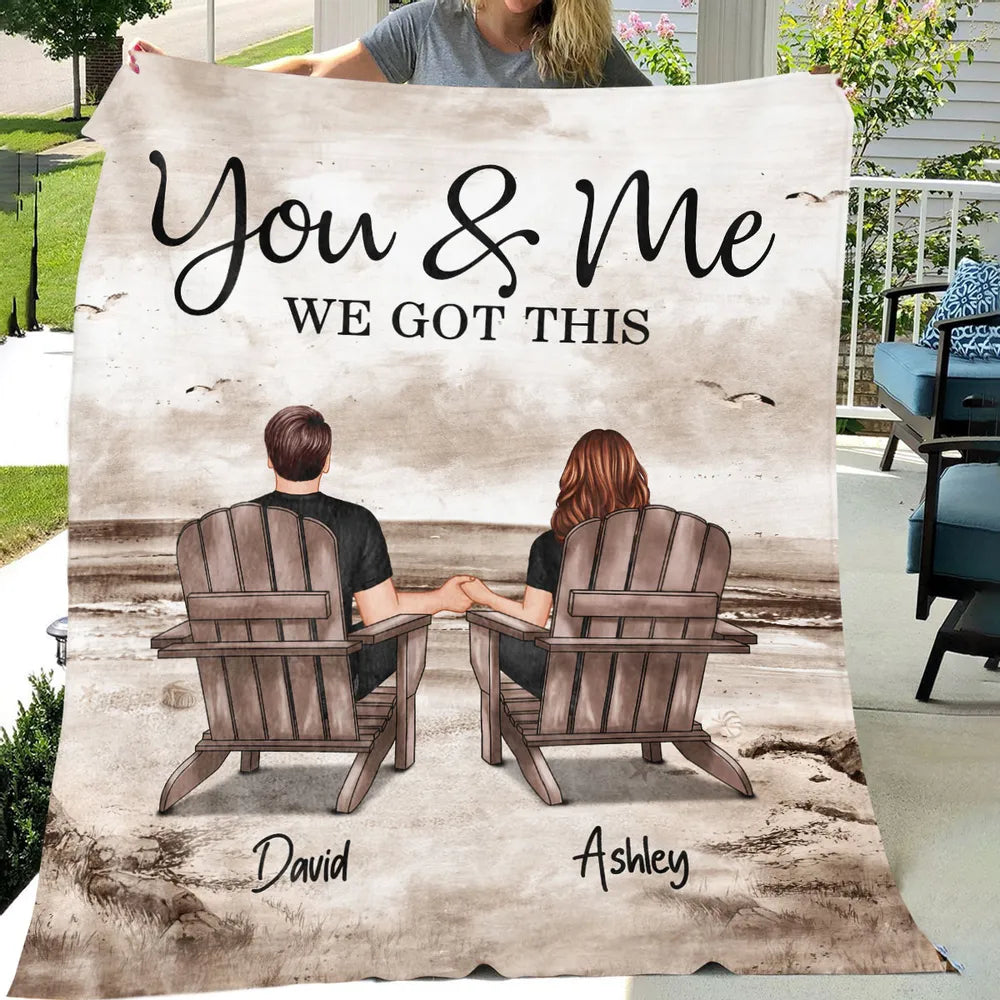 Retro Vintage Back View Couple Sitting Beach Landscape Personalized Fleece Blanket - Romantic Gift For Couples