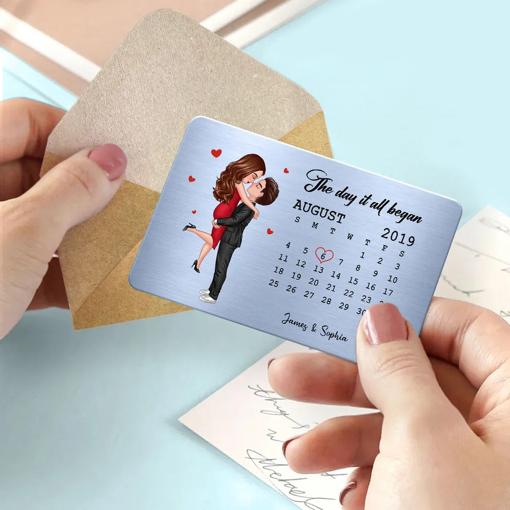 The Day It All Began Hugging Kissing Couple Anniversary Date Personalized Wallet Insert Metal Wallet Card