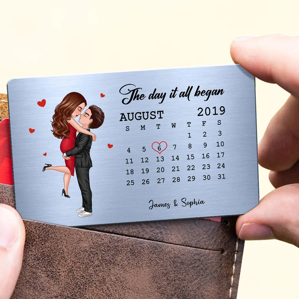 The Day It All Began Hugging Kissing Couple Anniversary Date Personalized Wallet Insert Metal Wallet Card