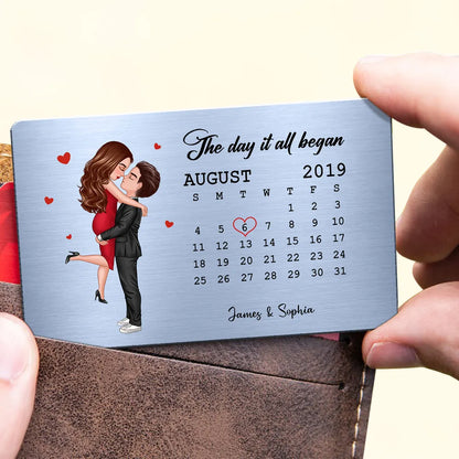 The Day It All Began Hugging Kissing Couple Anniversary Date Personalized Wallet Insert Metal Wallet Card