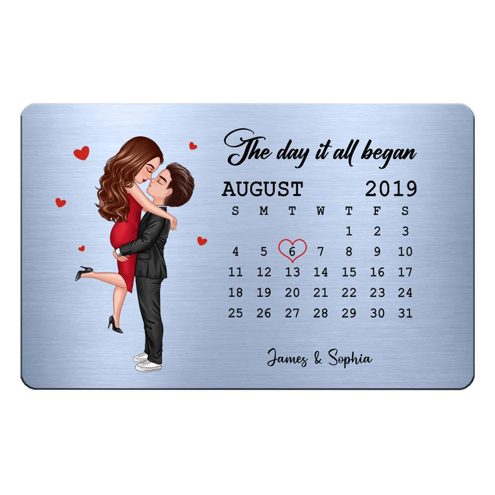 The Day It All Began Hugging Kissing Couple Anniversary Date Personalized Wallet Insert Metal Wallet Card