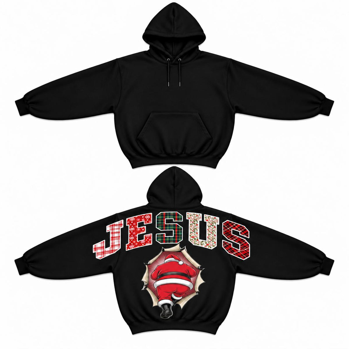 Women's Jesus Christmas Santa Printed Pullover Hoodie - Shoulder-to-Shoulder Back Lettering, Funny Holiday Graphic Top, Christmas Season Sweatshirt, Xmas Gift for Her