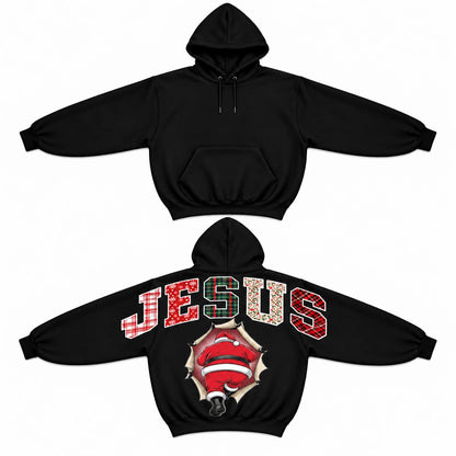 Women's Jesus Christmas Santa Printed Pullover Hoodie - Shoulder-to-Shoulder Back Lettering, Funny Holiday Graphic Top, Christmas Season Sweatshirt, Xmas Gift for Her