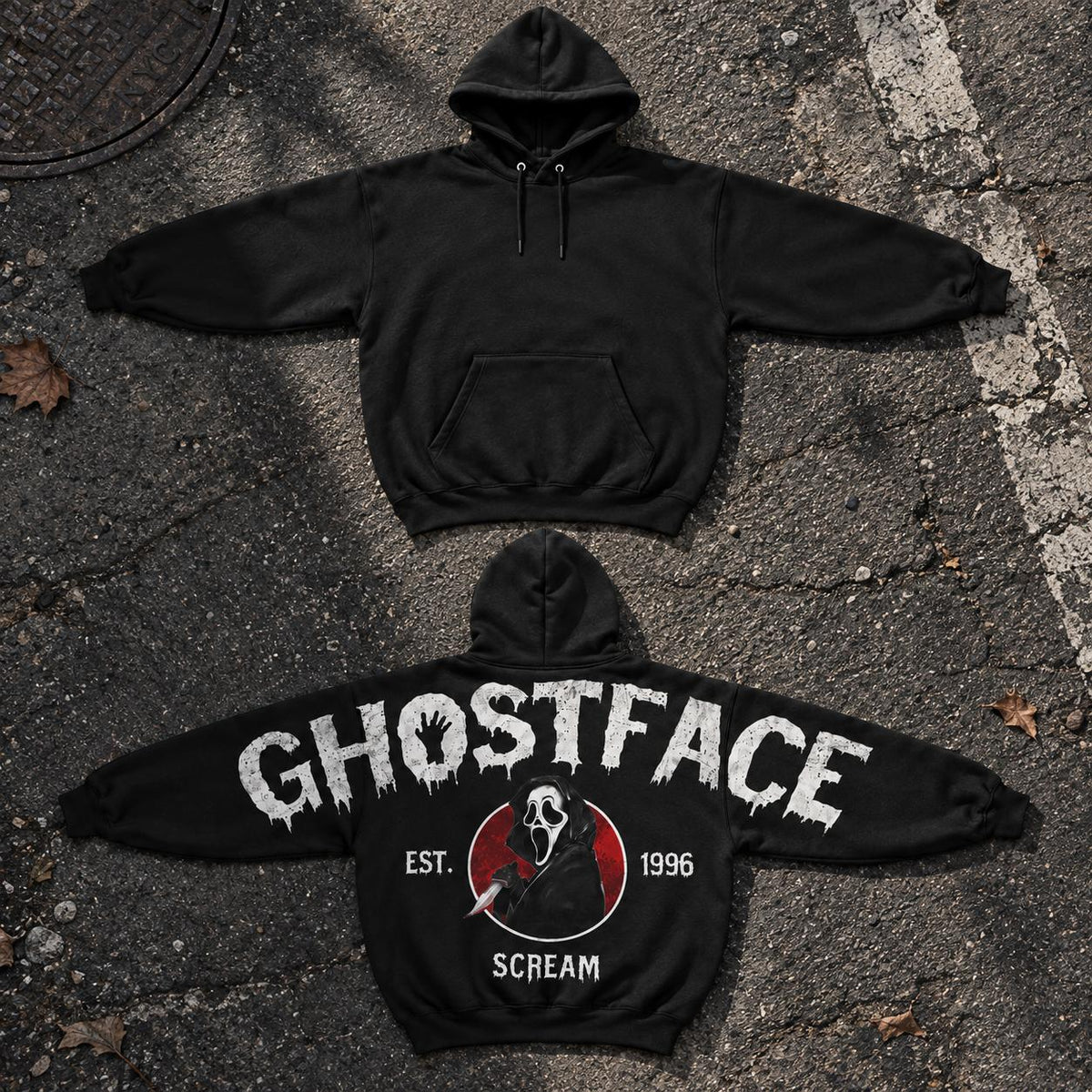 Women's Ghostface Est.1996 Scream Horror Shoulder-to-Shoulder Back Print Hoodie - Streetwear Basic Everyday Garment, Halloween Spooky Season Gift for Horror Movie Lovers