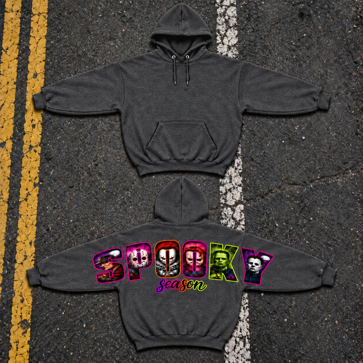 Women's Unisex Soft Smooth Casual Printed Neon Horror Character Back Graphic Hoodie, Halloween Scary Movie Collage Pullover, Fall Sweatshirt, Gift for Him and Her