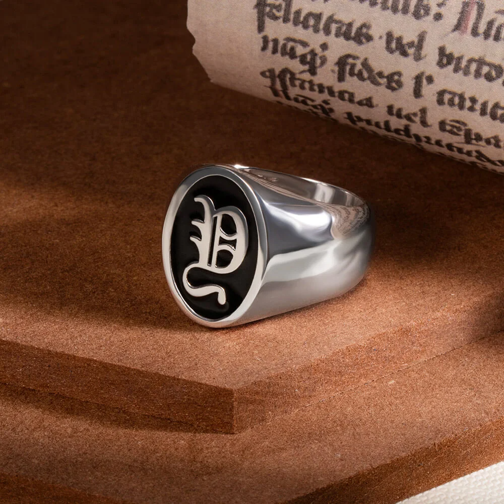Personalised Old English Gothic Vintage Initial Signet Sterling Silver Ring Gift for Woman Man