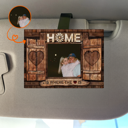 Custom Photo “Home Is Where the Love Is” 2Layers Wooden Car Visor Clip – Personalized Couple Gift