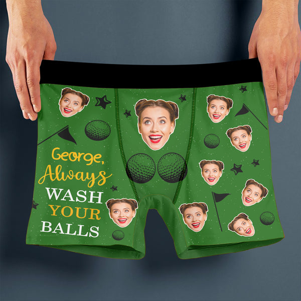 Custom Photo and Name Always Wash Your Balls Personalized Men's Boxer Briefs Valentine's Day For Golfers
