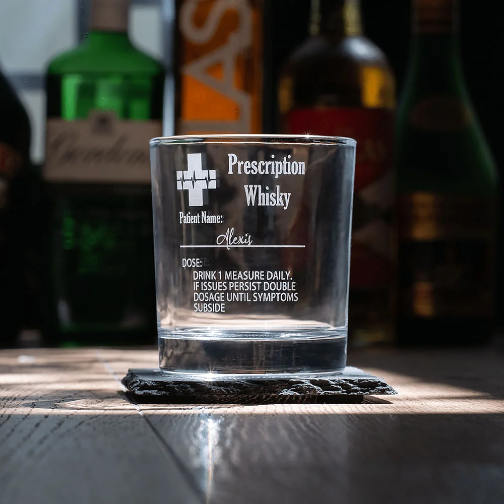 Personalised Funny Prescription Whisky Bourbon Whiskey Glasses and Slate Coaster with Laser Engraved Name Father's Day Gift for Grandpa Dad