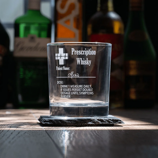 Personalised Funny Prescription Whisky Bourbon Whiskey Glasses and Slate Coaster with Laser Engraved Name Father's Day Gift for Grandpa Dad